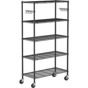 Folews 5 Tier Storage Shelves with Wheels - Adjustable Wire Shelving Unit Metal Shelves for Storage Rolling Utility Shelf Organizer Rack for Kitchen Garage Pantry Closet Laundry(14D x 36W x 75H)