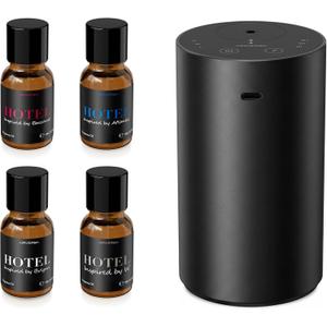 Airversa Waterless Essential Oil Diffuser Starter Kit with 4 x 10mL Hotel Scent Fragrance Oil, Aluminum Housing, Battery Operated Mini Scent Air Portable Diffuser for Home Car Office, ADX Kit Black