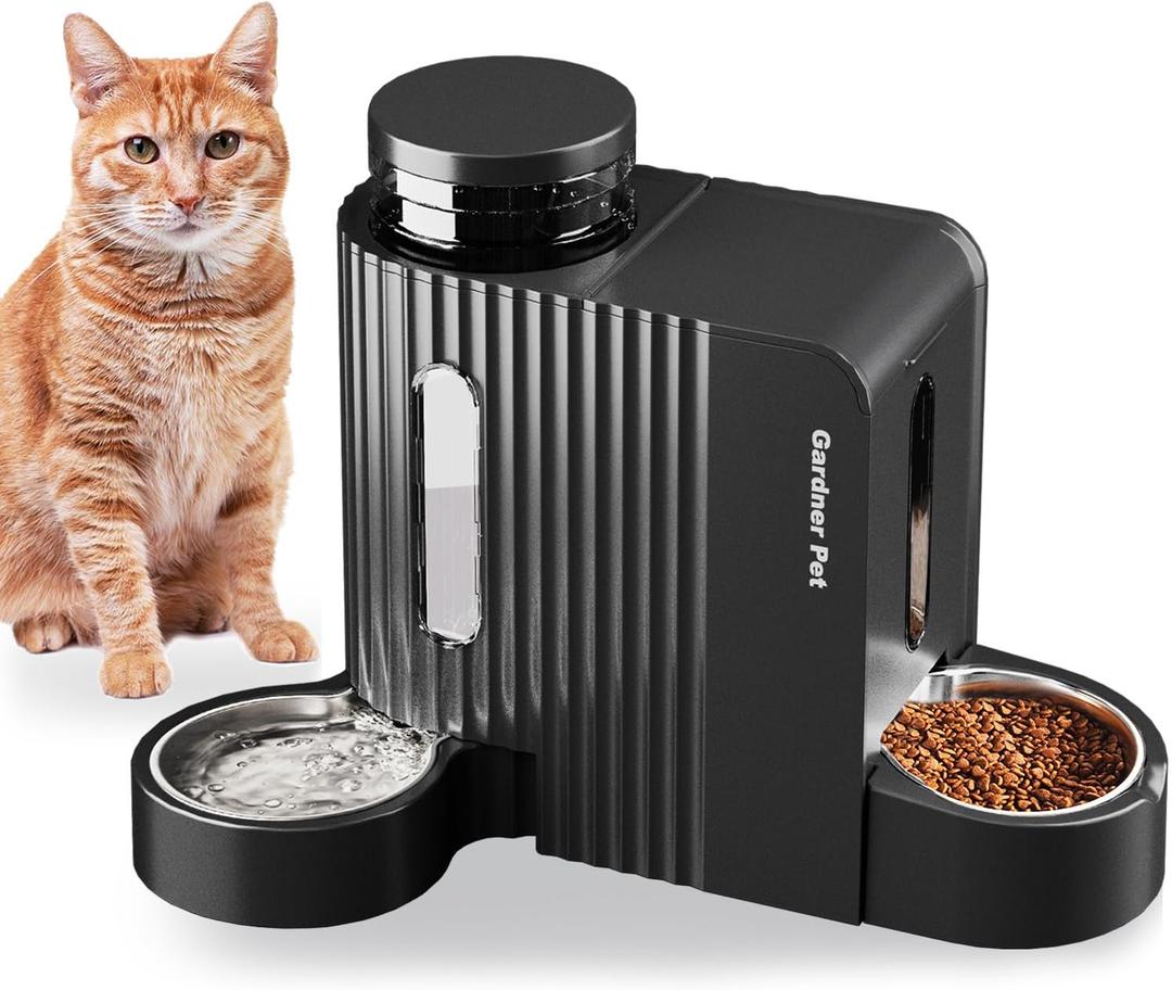 Gardner Pet Automatic Gravity Cat Food Feeder and Water Dispenser Stainless Steel Two-in-One Set Large Capacity Dispenser for Pets Dogs, Puppies, Kittens-(0.8 Gallons x 2) (Black)
