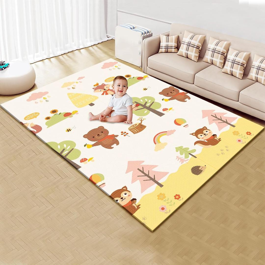 Baby Play Mat Foldable 74x50 Inch, Waterproof and Non-Slip Playmats, Safe Foam Playmat, Playpen Mat, Reversible Portable Baby Floor Mat for Infant and Toddler, Patterns Available on Both Sides (4'2" x 6'2" (Square), Beige)