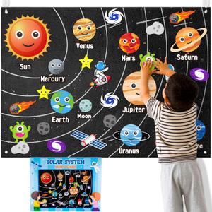 WATINC 44Pcs Outer Space Felt Story Board Set 3.5 Ft Solar System Universe Storytelling Flannel Interactive Play Kit with Hooks Astronaut Planets Alien Galaxy Reusable Wall Hanging Gift for Boys Girls (Black)