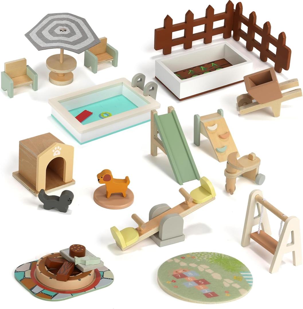 26PCS Wooden Dollhouse Furniture Set, Outdoor Miniature Doll House Accessories Playset for Toddlers, Outdoor Scenes Poolside Playground Pretend Play Toy for Kids 3+