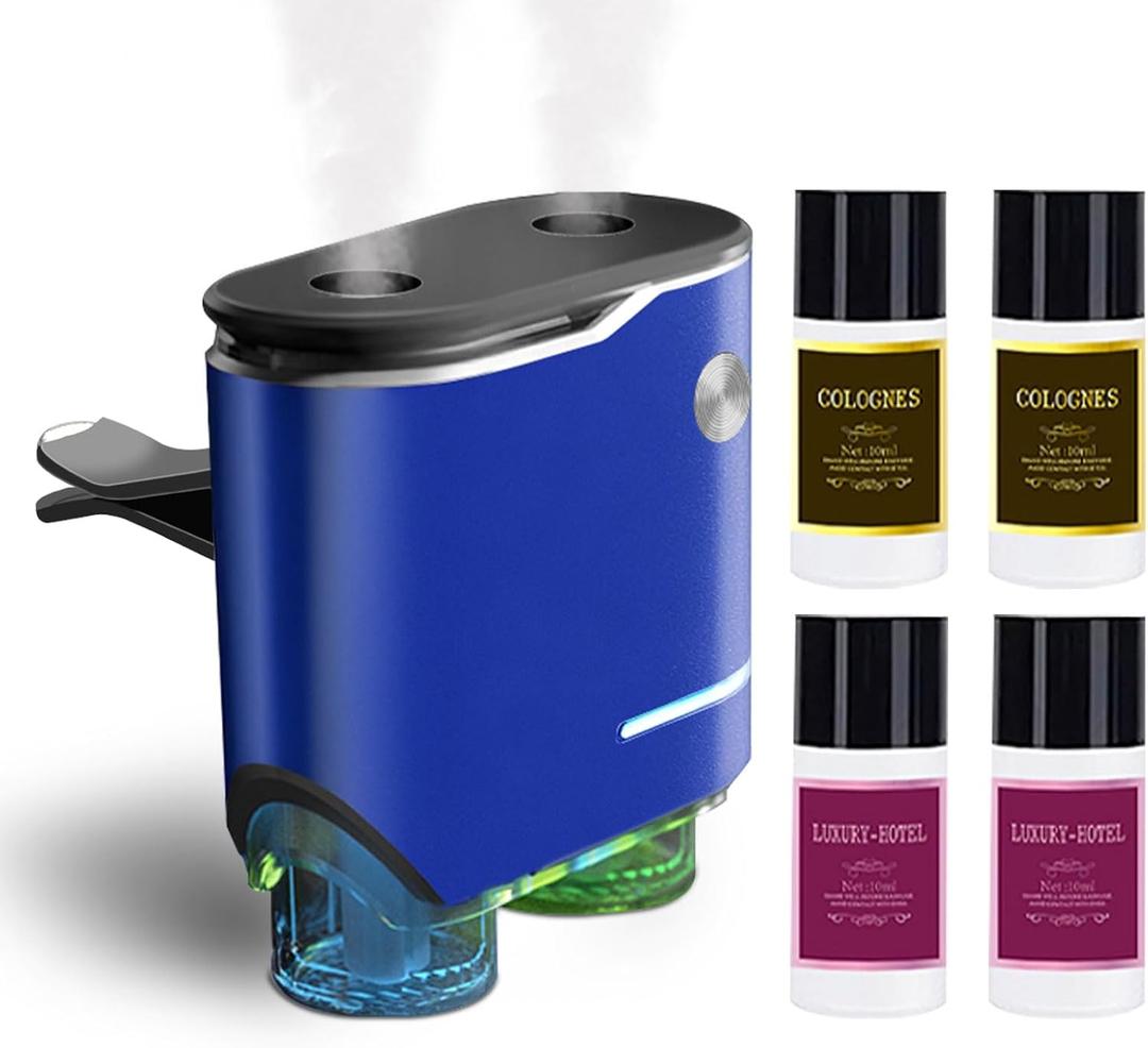 Smart Car Air Fresheners Diffuser with 4pcs Essential Oils, Automotive Scent Dispenser Rechargeable Aromatherapy Diffuser Vent Clip for Cars, 3 Adjustable Modes (Blue)