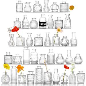 Glass Bud Vases Set of 40 PCS, Small Flower Vases for Wedding Centerpiece Table Decoration, Vintage Vase in Bulk for Flower Arrangements, Mini Vase for Birthday Party, Festival Home Decor,Clear