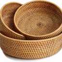 Fruit Basket Set, Wicker Basket Rattan Fruit Bowls, Round Bread Baskets, Handwoven Storage Basket, Natural Serving Bowls Kitchen Counter Dining Room Snack Vegetable 8.7, 10.2, 11.2 (Set of 3)