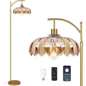 Arc Floor Lamp for Living Room Gold Floor Lamp with Remote Control,Dimmable Floor Lamps With Glass Lampshades,Mid Century Modern Standing Lamp Tall Vintage Flower Floor Lamps for Bedroom,Corner (9.8inch)