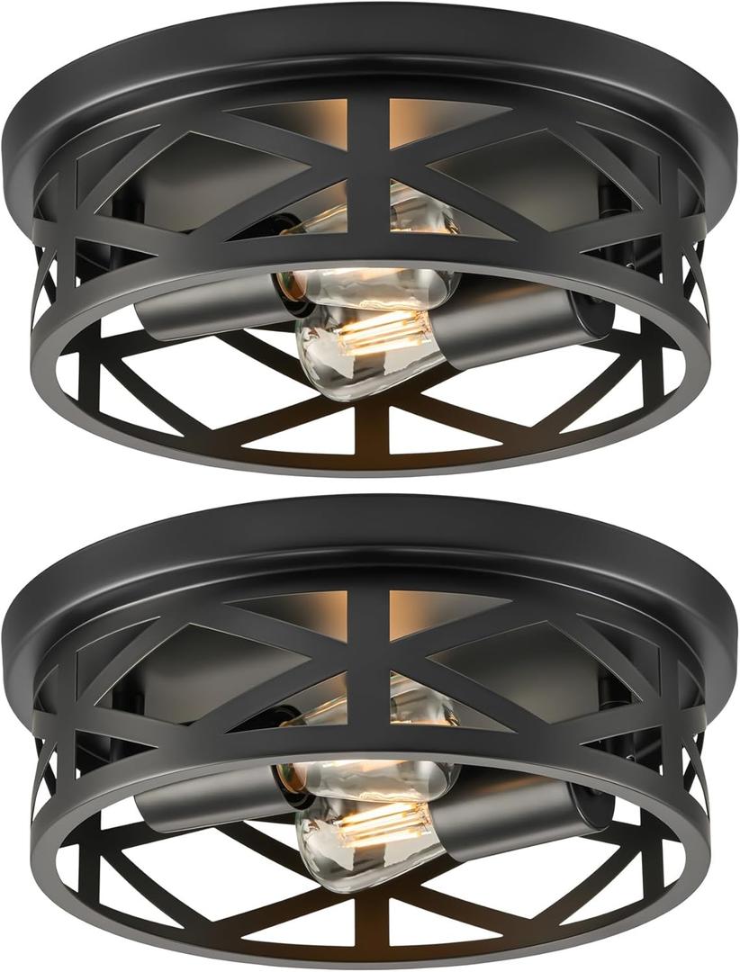 VONLUCE Flush Mount Ceiling Lights, 2-Light Hallway Ceiling Lighting Fixtures, 11 inch Farmhouse Metal Cage Ceiling Lights for Entryway Kitchen, Adjustable Lamp Holders, ETL, 2 pcs, Black