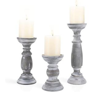 Rustic Wooden Pillar Candle Holders Set of 2 12'' '' 6'' Farmhouse Wood Candle Stand for Table Centerpieces, Vintage Tall Candleholders Fireplace Mantel Decor for Living Room, Grey