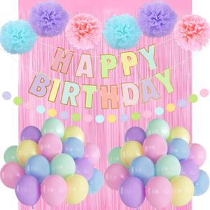 Macaron Birthday Decorations - Pastel Balloons, Happy Birthday Banner, Pink Streamers, Tissue Paper Pom Poms, Rainbow Balloons, Circle Dot Garland