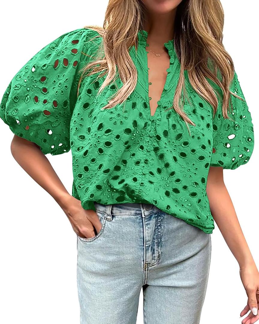 BTFBM Womens Blouses Summer Hollow Out Eyelet Embroidery Tops V Neck Buttons Puff Sleeve Boho Shirts Spring Fashion 2026, Green, M