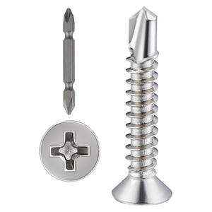 Wensilon300pcs#81for Sheet Metal Self-Tapping Screws 410 Stainless Steel Flat Head High-Strength Quick self-Drilling Screws (#8X1", Silver)