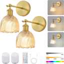 Vintage Battery Powered Cordless Wall Sconce Set of 2, Battery Wall Sconce with Amber Tulip Glass Lampshade, Rechargeable Battery Powered Wall Lights with Remote Control for Bedside Bedroom Doorway