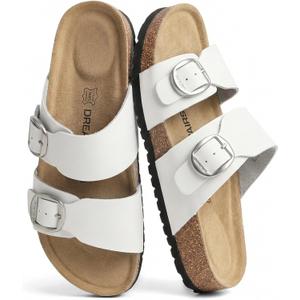 DREAM PAIRS Women's Slides Soft Genuine Footbed Sandals Comfortable Adjustable Double Buckle Slip-on Flat Sandals with Arch Support Frame Dual Slippers for Summer 2026, Size 7.5