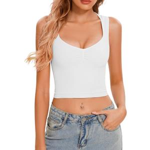 CHYRII Womens Square V Neck Tank Tops Sleeveless Summer Going Out Workout Yoga Basic Crop Tops (Small, White)