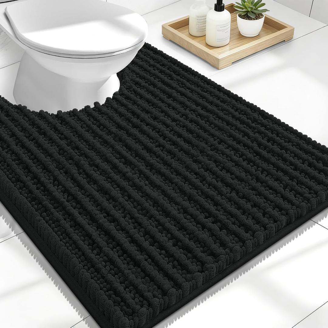 OLANLY Toilet Rugs U Shaped 24x20, Thick Soft and Absorbent Chenille Contour Bath Mat, Non-Slip Rubber Backing, Machine Washable Quick Dry Toilet Mat, Home Decor Accessories, Black