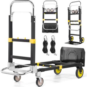 3-in-1 Convertible Heavy Duty Folding Hand Truck Dolly, 600LB Capacity with Rubber& Wheels Telescoping Handles, Portable Collapsible Cart for Warehouse, Supermarket, Office (Yellow)
