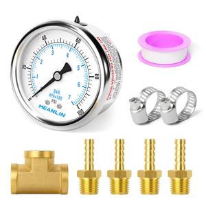 MEANLIN MEASURE 9Pcs Kit 0-100Psi Stainless Steel Liquid Filled Pressure Gauge 1/4" NPT 2.5" FACE DIAL, Back Mount with 1/4" 5/16" Hose Barb, Tee Fittings, WOG Water Oil Air