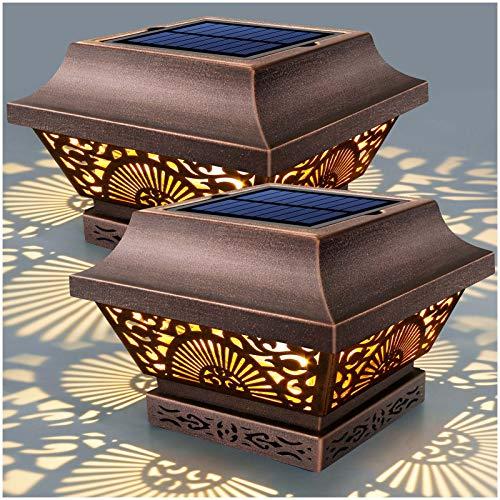 DenicMic Solar Post Lights 2 Pack Post Cap Solar Lights Outdoor Waterproof Metal 25 Lumen Warm White LED Lighting for 3.5x3.5 4x4 5x5 Wooden Fence Posts Deck Rail Yard Patio (Copper)