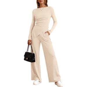 BTFBM Two Piece Sets For Women Fall 2025 Airport Outfits Asymmetrical Boat Neck Tops Wide Leg Pants Matching Lounge Set (Large, Beige)