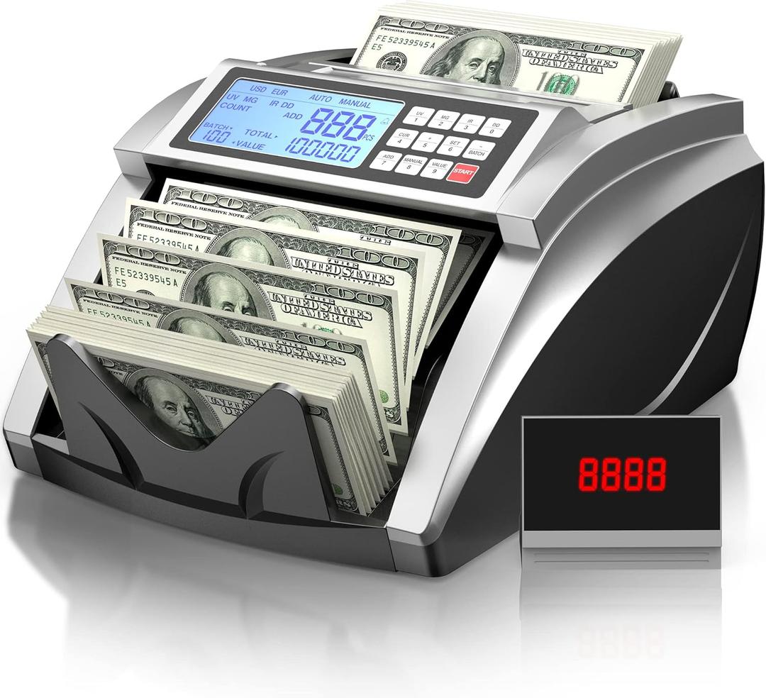 PONNOR Money Counter Machine with Value Bill Count, Cash Counter for Dollar, Euro with UV/MG/IR/DD/DBL/HLF/CHN Counterfeit Detection, Add/Bat/Value Mode Bill Counting Machine with Large LCD Display