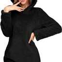 ZAFUL Women's Fleece Hooded Nightgown Long Sleeve Flannel Night Dress Fuzzy Sleepwear Pajama with Pockets (Large, 0-black)