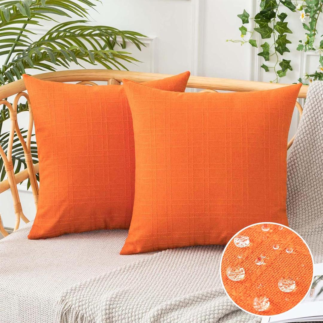 UGASA Fall Outdoor Throw Pillow Covers Pack of 2 Plaid Texture Waterproof Farmhouse Linen Decorative Square Cushion Pillows Covers for Patio Porch Outside Garden Bench 18x18 Inch, Orange