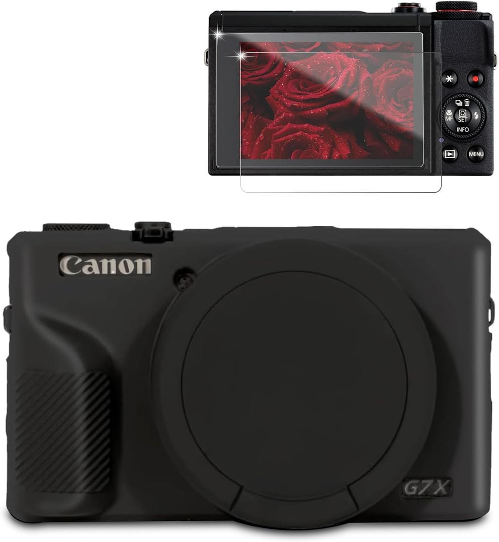 Case for Canon G7X Mark III Camera, Soft Silicone Protective Case, Powershot G7X Mark III Sleeve with Removable Lens Cover & Screen Protector Accessories, Slim Fit, Anti-Scratch (Black)