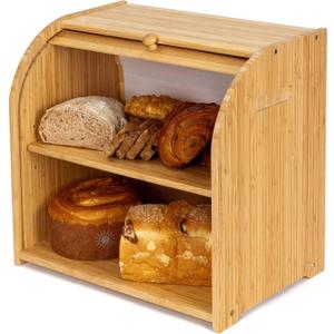 Bamboo Bread Box for Kitchen Countertop, Roll-top Breadbox Breads Storage Boxe with Adjustable Middle Shelf