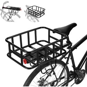 Rear Bike Rack with Basket, Bike Basket with Liner Waterproof Cover Cargo Net,Detachable Large Bicycle Rear Frame Heavy Duty Aluminum Alloy Bicycle Rear Frame for Commuting and Shopping