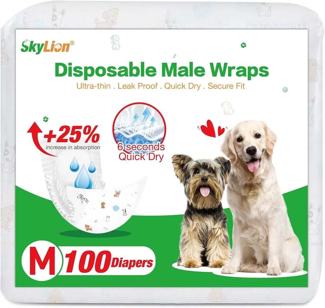 Dog Diapers Male Disposable Super Absorbent, 100 Count, Male Dog Wraps Leak Proof, Ultra Dry & Breathable, Medium (Medium (Pack of 100))