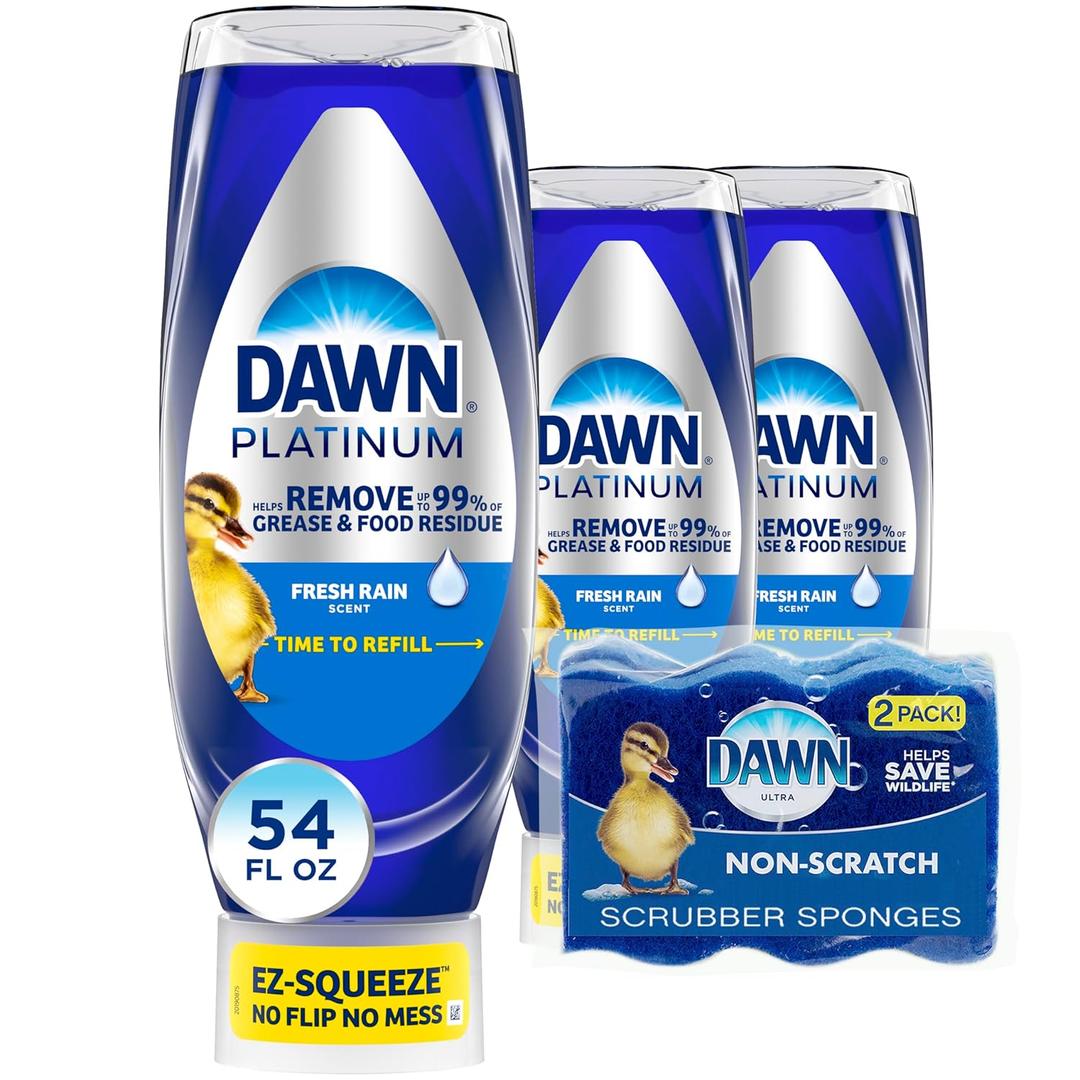 Dawn Dish Soap Squeeze Bottle, EZ-Squeeze Platinum Dish Soap Liquid+Non-Scratch Sponges for Dishes, Fresh Rain, Includes 3x18oz Bottles+ 2Sponges Dawn Dish Soap Squeeze Bottle, EZ-Squeeze Platinum Dish Soap Liquid+Non-Scratch Sponges for Dishes, Fresh Rain, Includes 3x18oz Bottles+ 2Sponges
