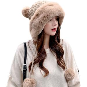 Winter Pompom Beanie Hats for Women Fluffy Knit Womens Beanie Faux Fur Crochet Skull Cap Warm Bucket Outdoor Ear Cover (One Size, Khaki)