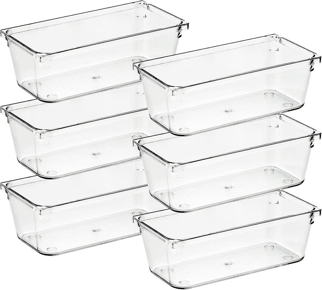 Ravinte 6 Pack Drawer Organizer - 3" X 6" Plastic Storage Bins, Acrylic Organizers with Non-Slip Pads Clear Desk Storage Tray for Makeup, Jewelries, Kitchen Utensils, Bathroom and Office
