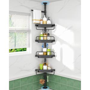 ALLZONE Rustproof Shower Caddy Corner for Bathroom,Bathtub Storage Organizer for Shampoo Accessories,4-Tier Adjustable Shelves with Tension Pole, 39 to 113 Inch, Black