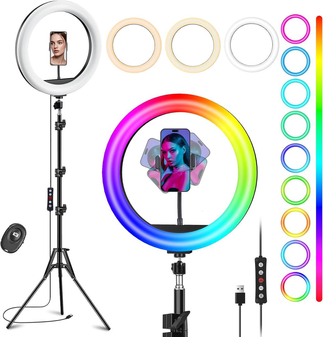 12'' Ring Light with Stand 75'' Tall & Phone Holder, 100+ Color Modes Selfie Light with Tripod Stand, Big LED Circle Lights for iPhone/Android/Camera/YouTube/Makeup/Live Stream/TikTok/Video