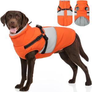 SUNFURA Dog Jacket, Large Dog Coat with Harness Built in, Warm Pet Winter Jacket Zippered Snow Coat with Furry Collar, Waterproof Fleece Snowsuit for French Bulldog, Orange Large