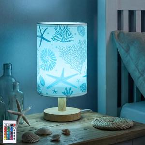 VIHOSE Ocean Table Lamp Beach Starfish Seashell Blue Night Light with Wood Base, 16 Color Dimmable Led, Fabric Shade Bedside Desk Lamp for Living Room Bedroom Home Decor Office Birthday Gifts