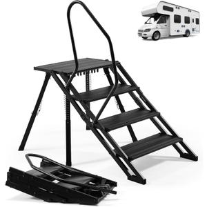 RV Steps Foldable, Aluminum Portable 4 Step Camper Steps with Handrail Adjustable Height with Non Slip Feets for 5th Wheel RV, Travel Trailer, Home, Camper, Spa, Hot Tub Steps, and Porch