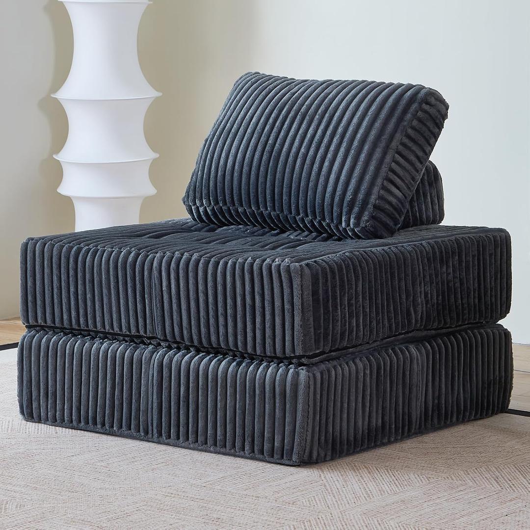Folding Sofa Chair, Foldable Floor Sofa Bed with Corduroy, Convertible Sleeper Chair Single, Portable Fold Out Chair Bed for Adults, Folding Futon Mattress for Small Spaces, Apartments (Dark-grey)