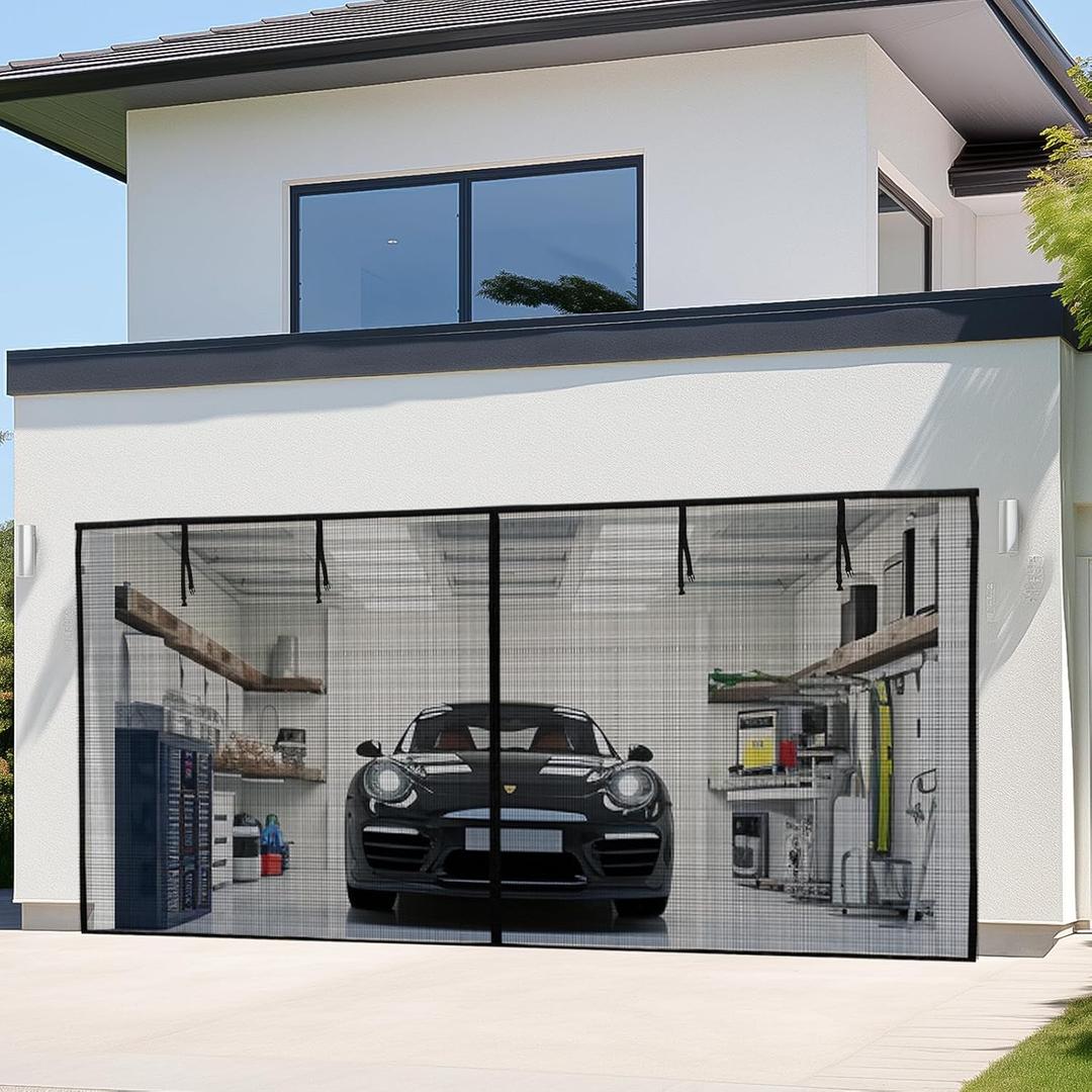 LOOBANI Garage Screen Door 16x8 Ft: Heavy Duty Magnetic Closure Garage Door Screen 2 Car, Retractable Roll Up Garage Net Screen for Patio, Hand-Free, Easy Install