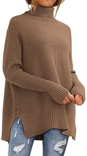 LILLUSORY Women's Oversized Turtleneck Sweaters Fall Batwing Sleeve Ribbed Tunic Sweater (Large, Dark Apricot)