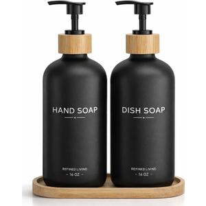 Hand and Dish Soap Dispenser Set,16oz Glass Bottles with Printed Labels, Bamboo Tray & Pump,Countertop Soap Dispensers for Kitchen,Luxury, Minimalist & Farmhouse Decor (Hand Dish (Black))