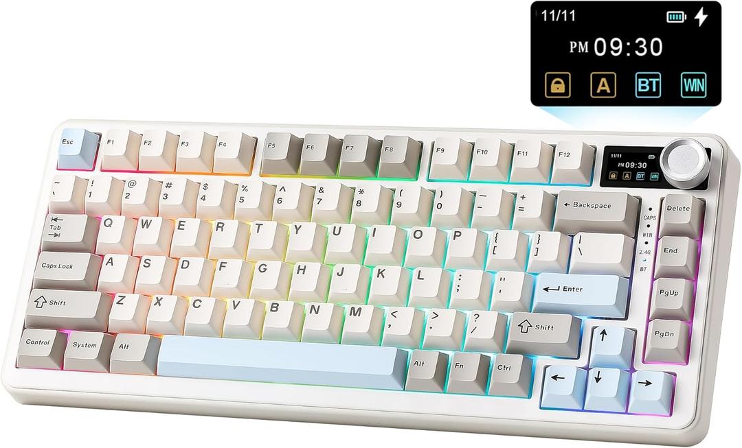 YUNZII B75 PRO MAX QMK/VIA Wireless Mechanical Keyboard,75% Layout with Screen and Knob,Custom Hot Swap Gasket,Creamy Pre-lubed Switches,Bluetooth/Type-C/2.4G for Win/Mac (Beige,Cocoa Cream V2 Switch)