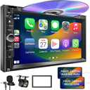 Double Din Car Stereo with Carplay & Android Auto,7 Inch HD Touchscreen Car Radio Support CD DVD Player, Bluetooth, Backup Camera, Mirror Link, SWC, Subwoofer, USB/TF/AUX Input, AM/FM Car Stereo Receiver