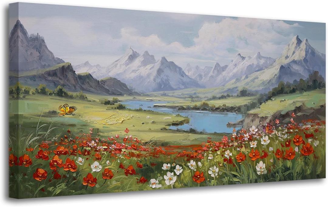 Arjun Landscape Wall Art Canvas for Living Room, Mountain Nature Painting Bedroom Large Textured Floral Scenery Picture Framed Artwork for Office Home Dining Room Hallway Wall Decor, 48"x24"