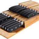 NIUXX Bamboo In-Drawer Knife Block Set for 16 Knives(Not Included), Large Kitchen Detachable Washable Cutlery Slot Organizer Storage Holder for Sharpening Steel and Cutter
