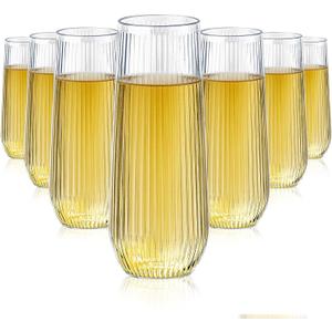 Lueumxc 48 Pack Ribbed Plastic Champagne Flutes, 9 Oz Stemless Disposable Clear Plastic Toasting Glasses Shatterproof Recyclable and BPA-Free Perfect For Wedding