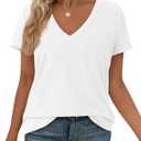 PRETTYGARDEN Womens Summer Tops Short Sleeve V Neck Basic Oversized Tshirts (White, XL)