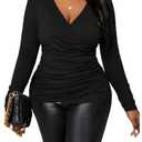 RoseSeek Women's Plus Size V Neck Wrap T Shirts Long Sleeve Slim Fit Ruched Tee Tops Office Work Clothes Black Large Plus
