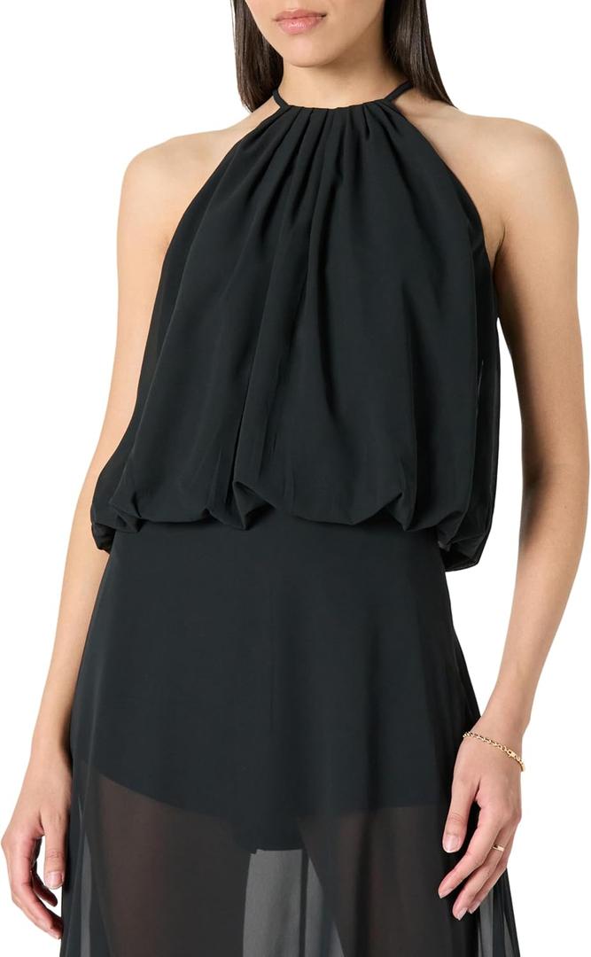 The Drop Womens Kory Shirred Neck Chiffon Halter Bubble Top (X-Large, Black)